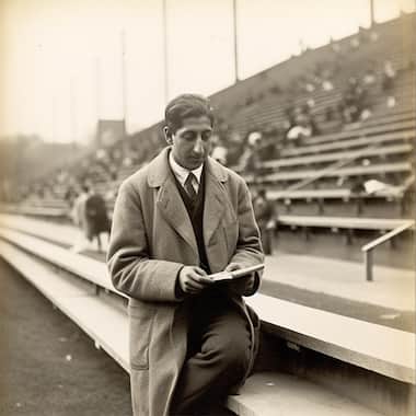 Homme dans un stade de tennis, années 20. Image générée par IA avec MidJourney.