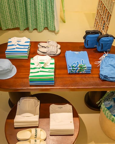 Clothes and accessories at Lacoste's Pop-up store in Trancoso, Brazil.