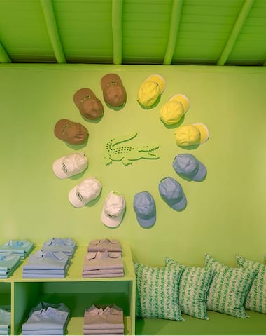 Polo shirts and caps at Lacoste's Pop-up store in Trancoso, Brazil.