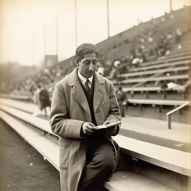 Man in a tennis stadium, 1920s. AI-generated image using MidJourney.