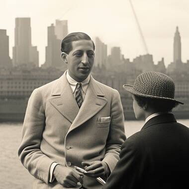 On the deck of the transatlantic France, facing New York. AI-generated image using MidJourney.
