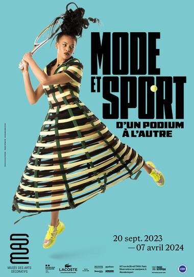 2023 Lacoste x Freaky Debbie crinoline dress on the poster for the " Fashion and Sport, from one catwalk to another " exhibition at the Musée des Arts Décoratifs in Paris.