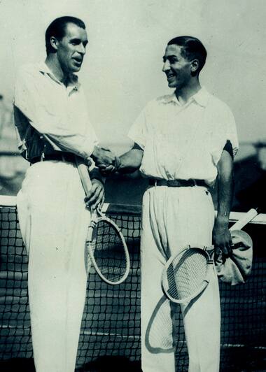 René Lacoste and William Tilden prepare to compete in the U.S. championship final at Forest Hills in September 1927.