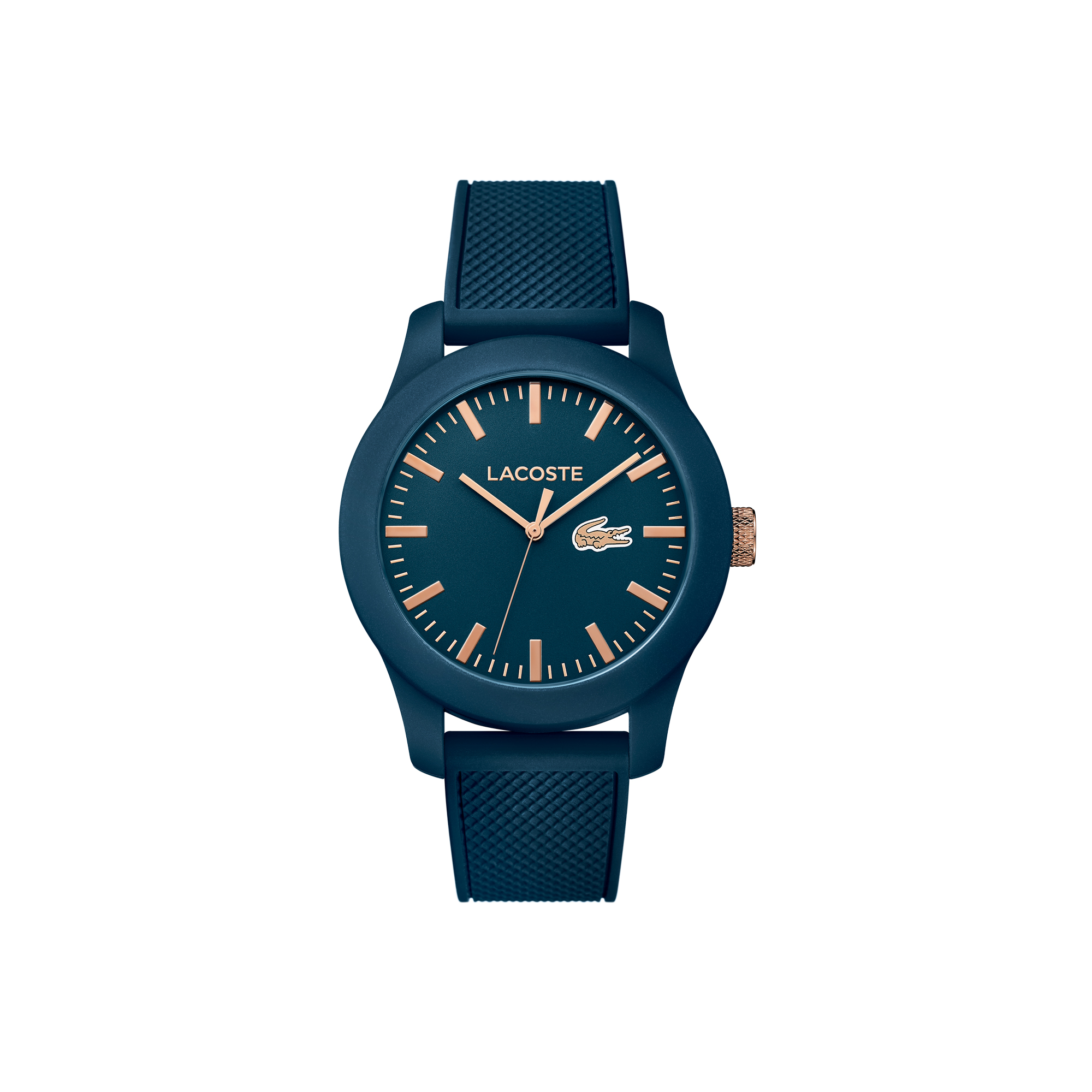 Relógio Lacoste.12.12 com pulseira de silicone azul e detalhes rosé no mostrador Relógio Lacoste.12.12 com pulseira de silicone azul e detalhes rosé no mostrador
