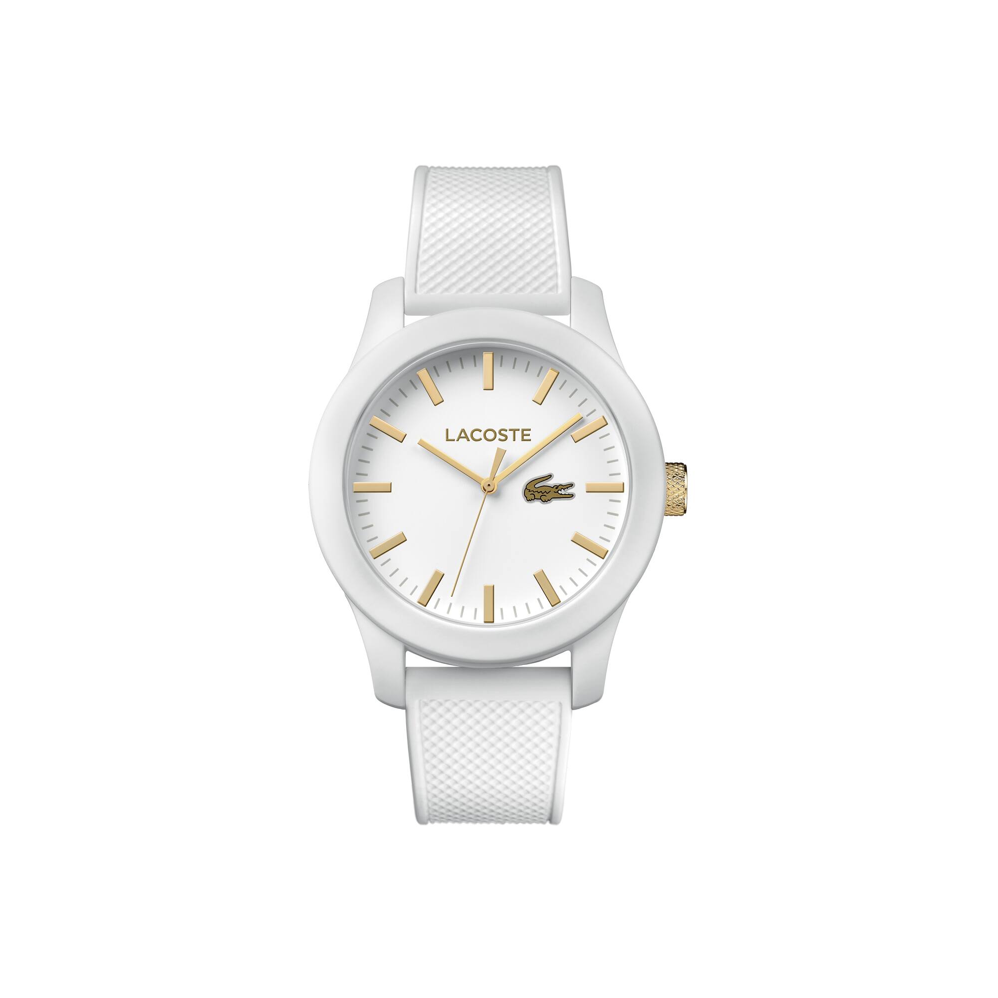 Relógio Lacoste.12.12 com pulseira de silicone branca e detalhes dourados no mostrador Relógio Lacoste.12.12 com pulseira de silicone branca e detalhes dourados no mostrador