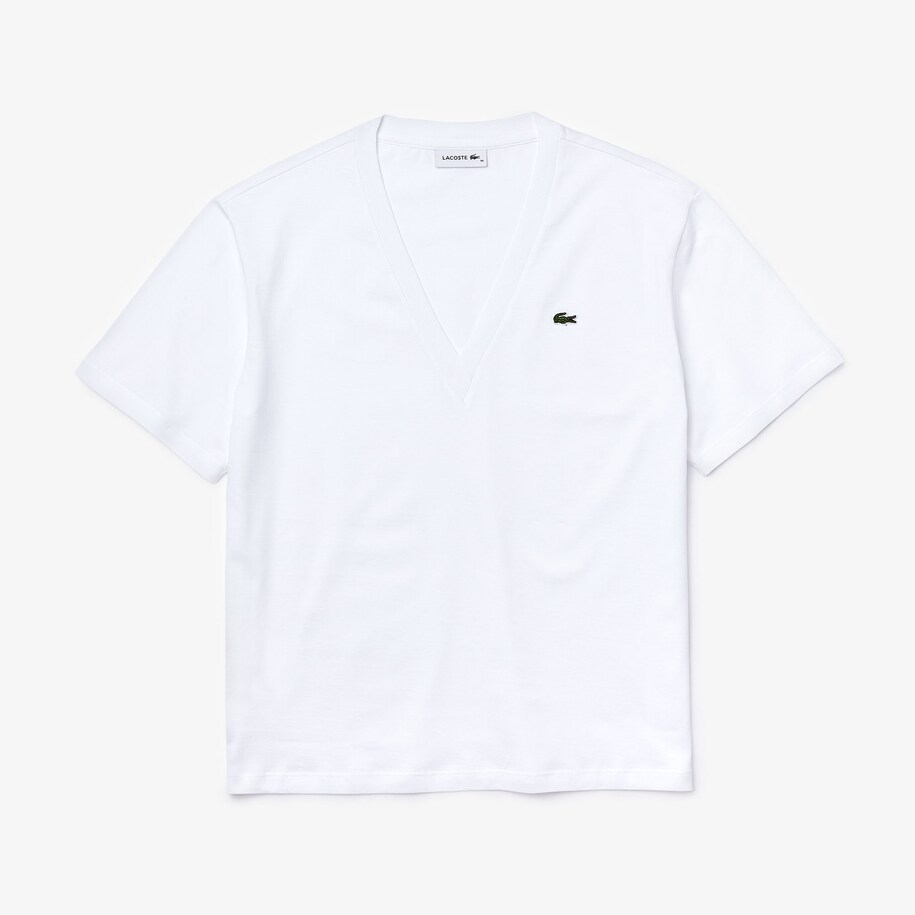 تي شيرت من القطن الفاخر بفتحة رقبة على شكل حرف V للنساء Lacoste