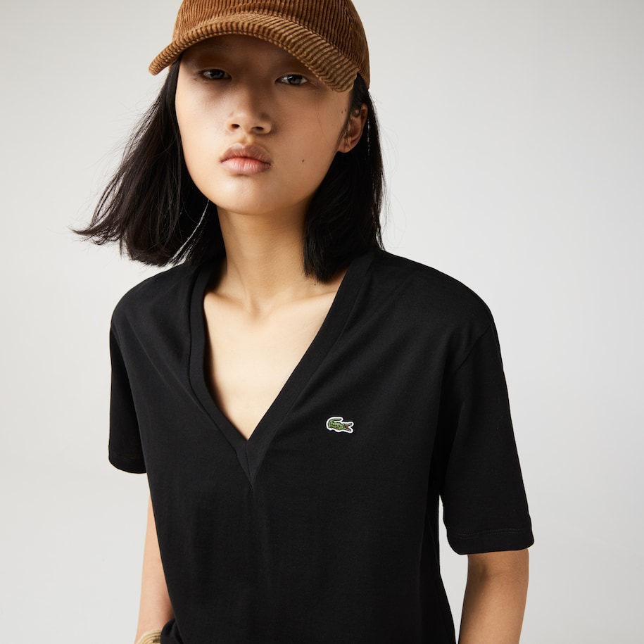 تي شيرت من القطن الفاخر بفتحة رقبة على شكل حرف V للنساء Lacoste