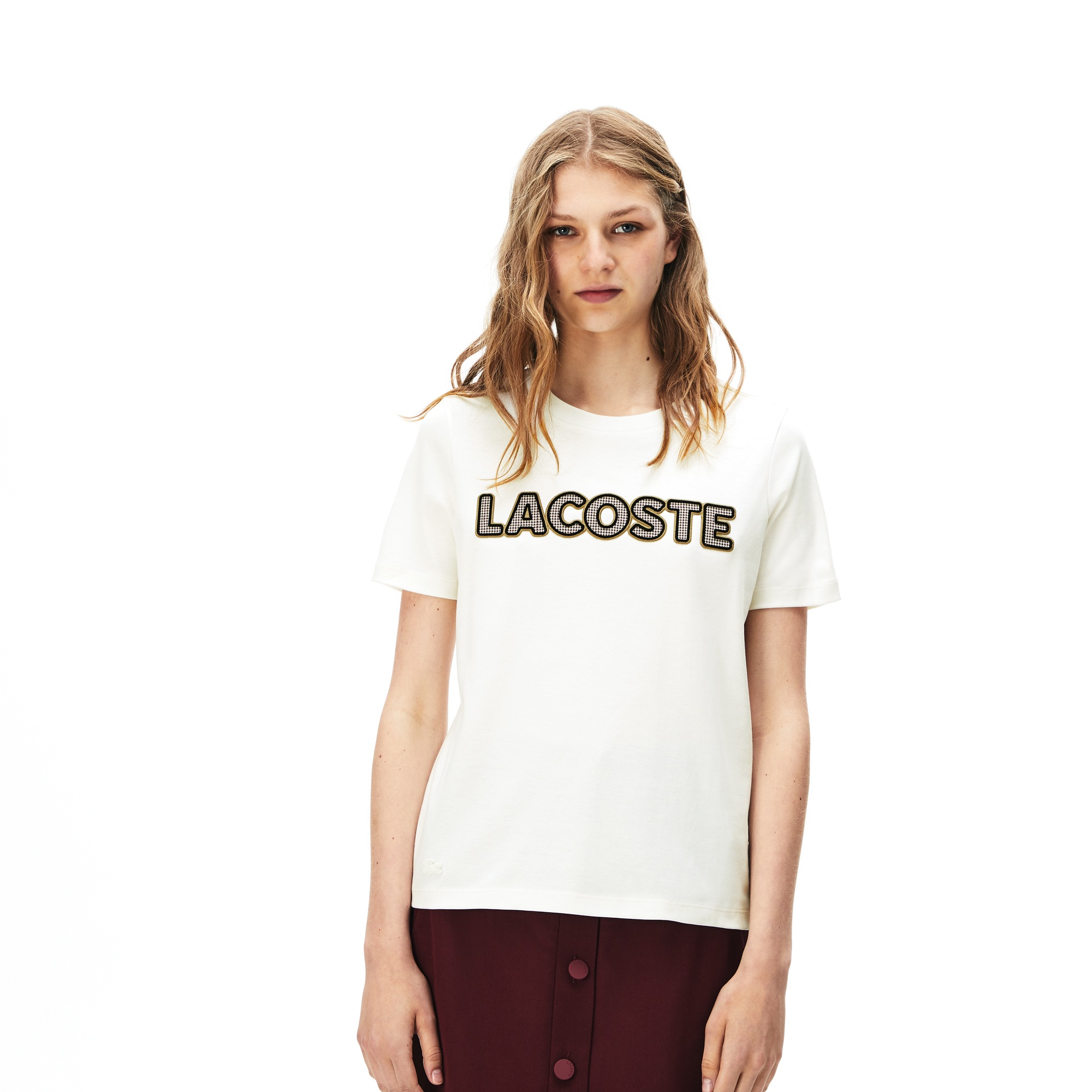 Women's Crew Neck Check Lacoste Badge Lightweight Cotton T-shirt | LACOSTE