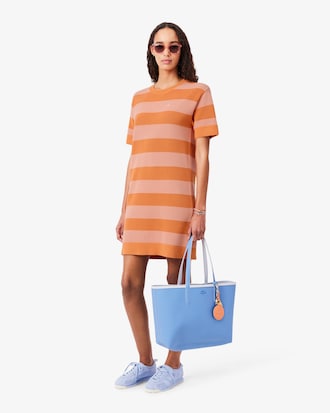 Gestreiftes T-Shirt-Kleid aus Mesh-Strick