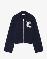 Pullover mit Zopfmuster, Intarsien, Stickerei und Rei&szlig;verschluss