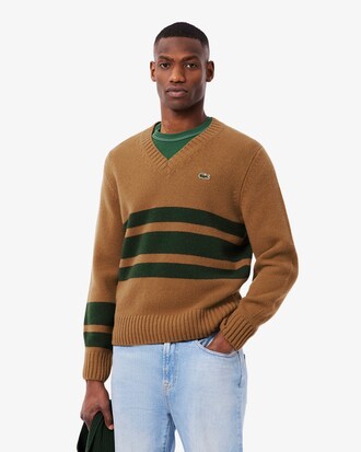 Gestreifter Wollpullover mit V-Ausschnitt