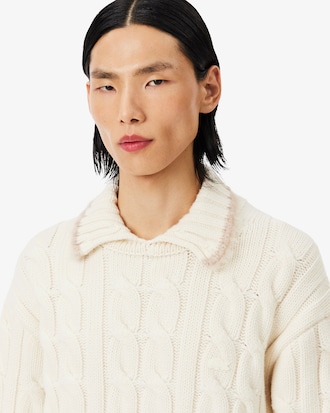 Strickpullover Runway aus Wolle mit Zopfmuster und Polokragen