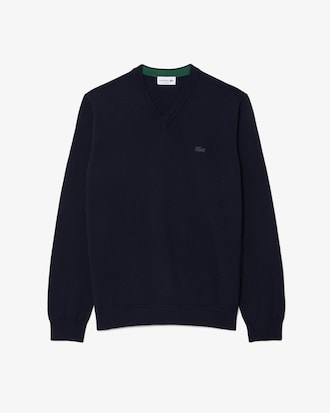 Einfarbiger Pullover aus Merinowolle mit V-Ausschnitt