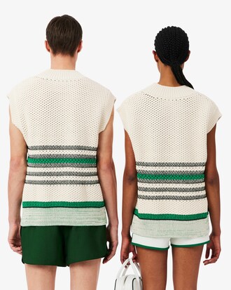 &Auml;rmelloser Pullover aus durchbrochenem Piqu&eacute; mit Streifen
