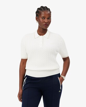 Pull col polo maille torsad&eacute;e rayures