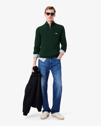 Pull zipp&eacute; coton uni col montant