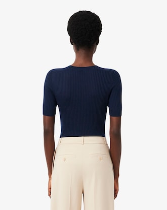 Kortmouwige Merinowollen Geribbelde Gebreide Sweater