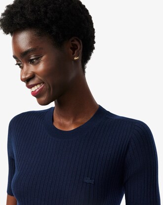 Kortmouwige Merinowollen Geribbelde Gebreide Sweater