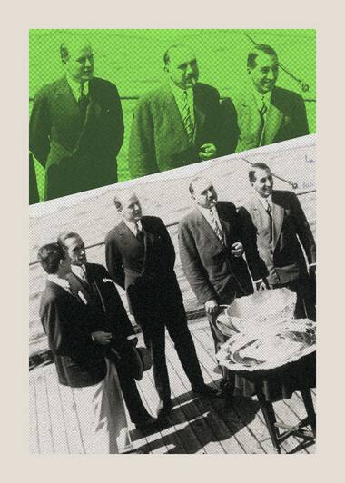 René Lacoste, his team-mates and their coach returning from the United States with the Davis Cup on the liner France, 1927.