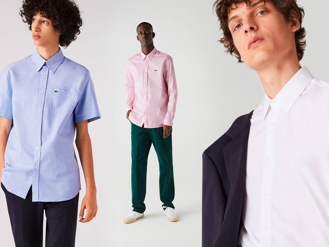 Chemise en coton rose, chemise en popeline blanche et chemise manches courtes en coton bleu Lacoste