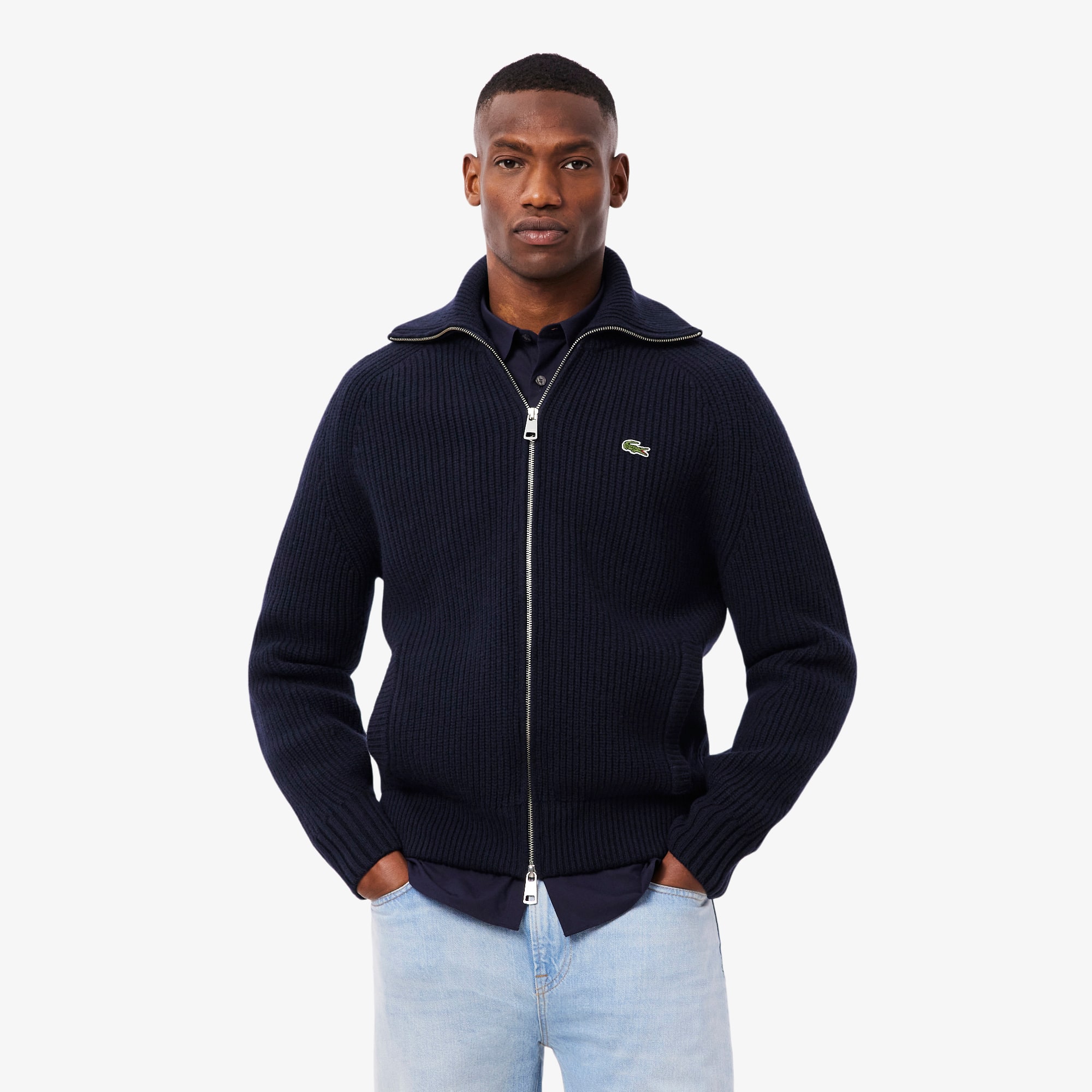 Pullover aus Tuchwolle mit hohem Kragen und Reißverschluss