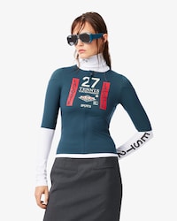 Runway bedrucktes Stretch-T-Shirt mit Rei&szlig;verschluss