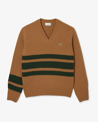 Gestreifter Wollpullover mit V-Ausschnitt