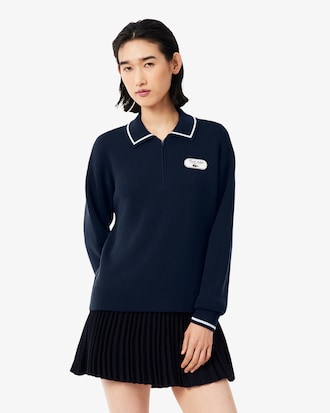 Badge Accent Tennis Heritage Zipped Polo Collar Sweater