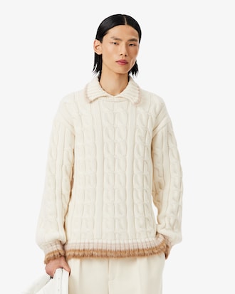 Strickpullover Runway aus Wolle mit Zopfmuster und Polokragen