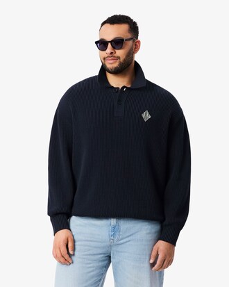 Badge Accent Pearl Rib Polo Collar Sweater