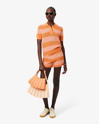 Striped Mesh Knit Polo Collar Sweater