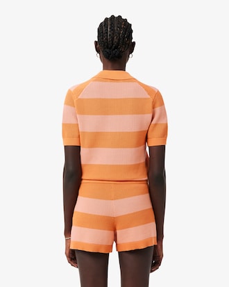 Striped Mesh Knit Polo Collar Sweater