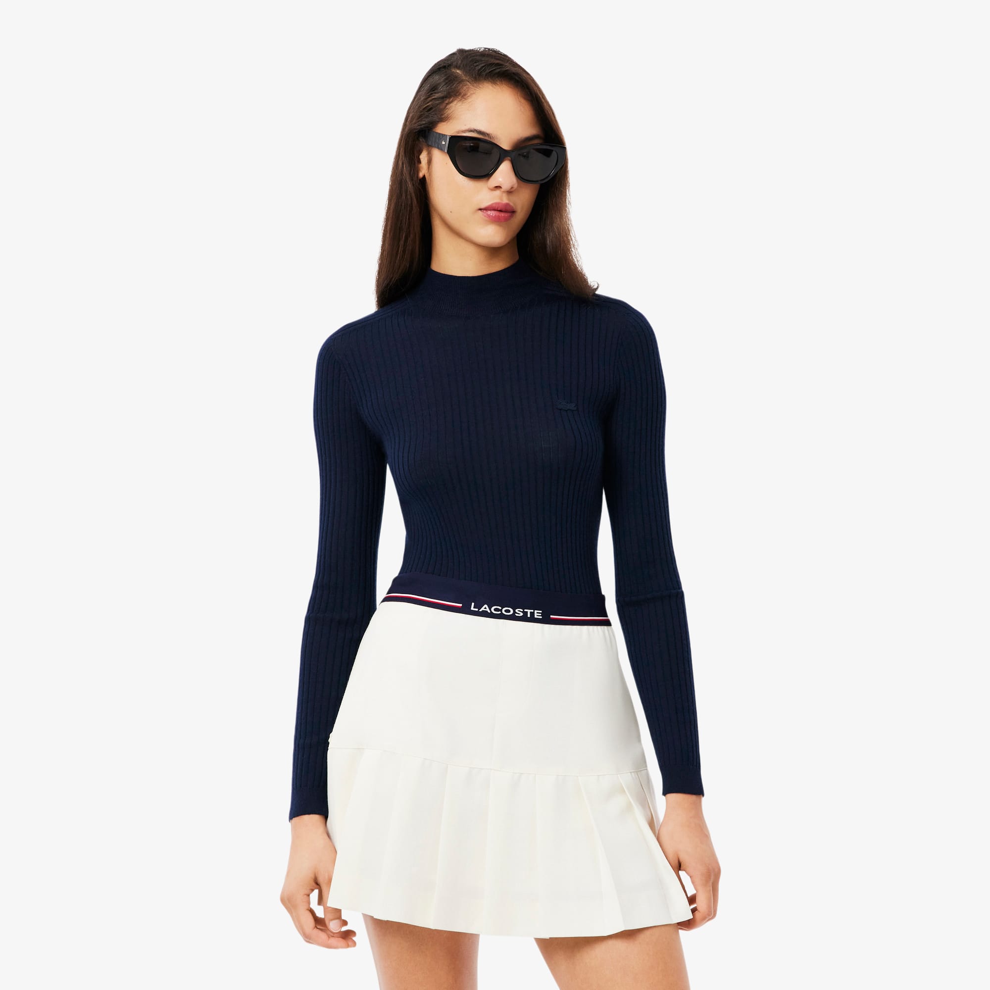 High Neck Ribbed Knit Merino Wool Sweater - Women's Knitwear