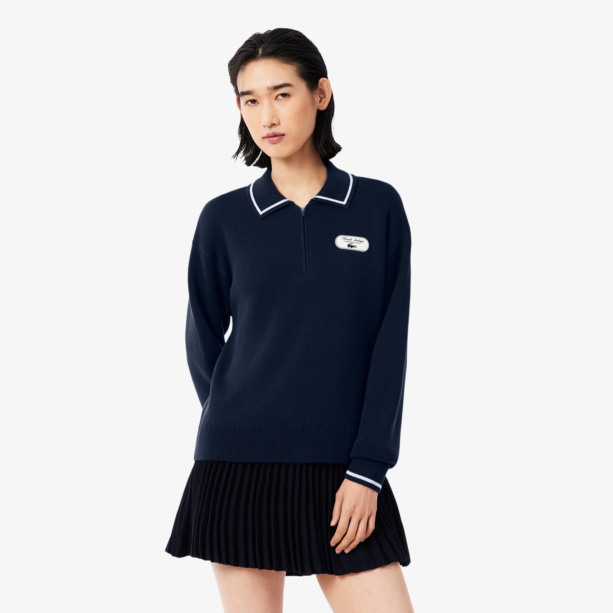 Badge Accent Tennis Heritage Zipped Polo Collar Sweater - Women's