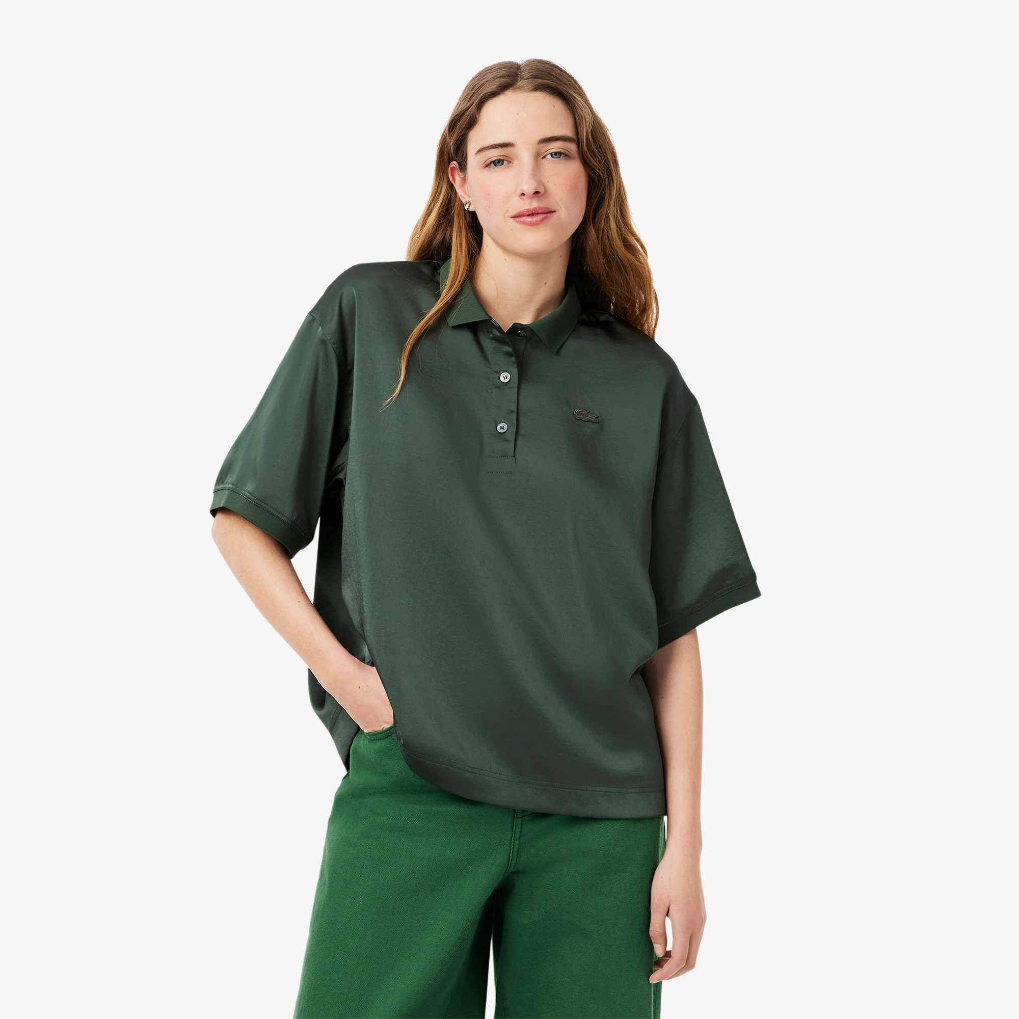 Oversized Silky Fluid Polo Shirt - Women's Shirts & Tops - New In