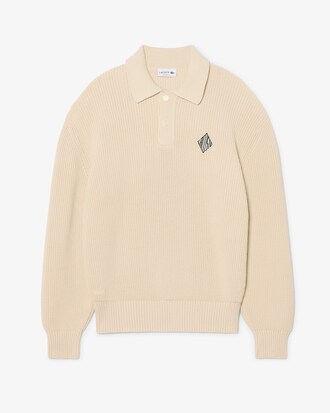 Maglione con collo a polo a coste perlate e stemma