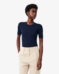 Maglione a maniche corte in lana merinos a coste
