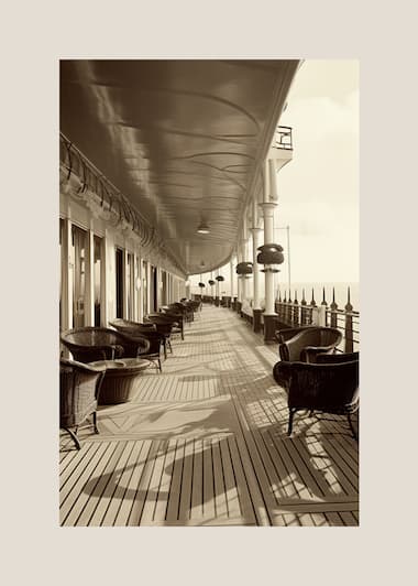 The deck of the transatlantic liner France. AI-generated image using MidJourney.