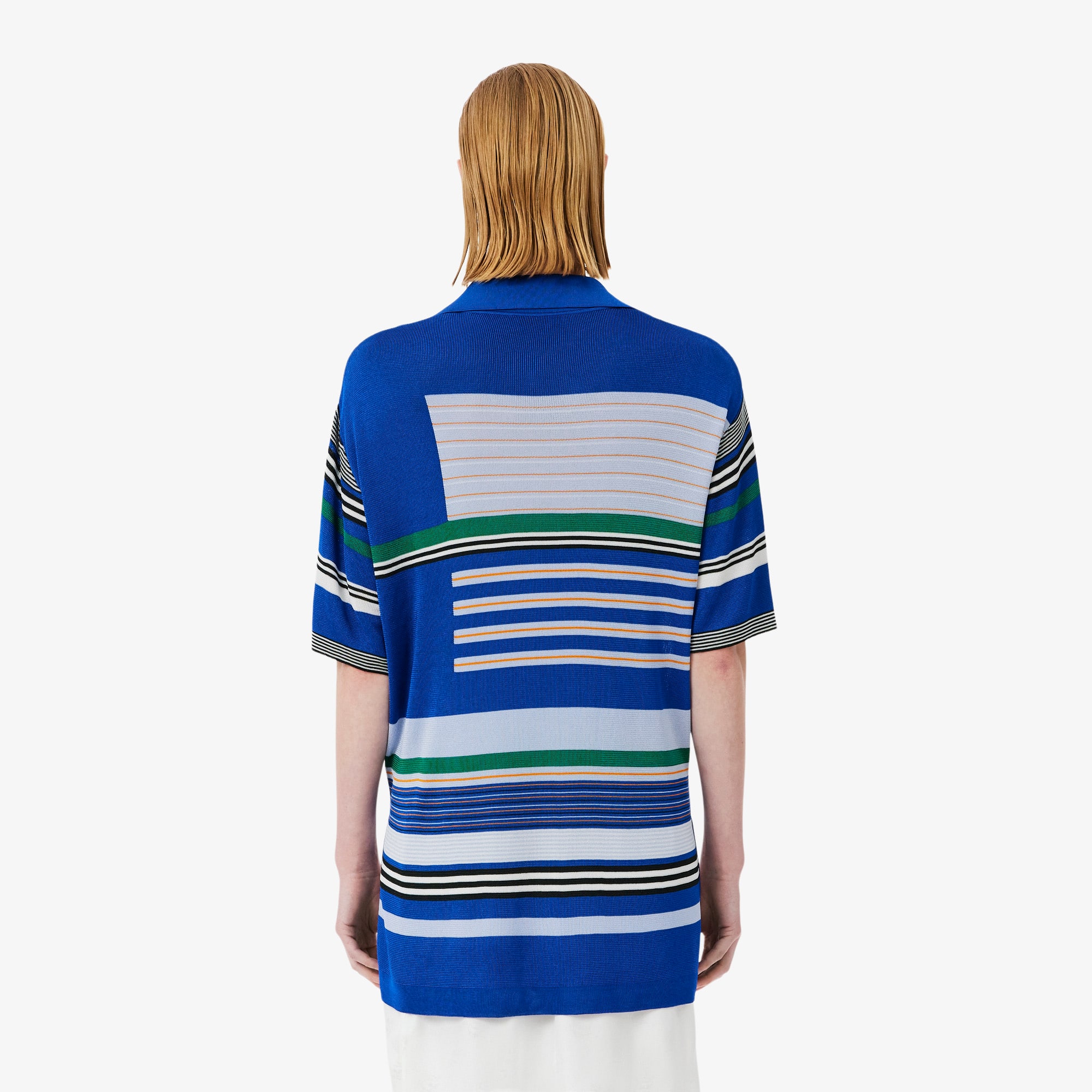 Thumbnail - Lacoste Oversized-Polohemd Runway aus Satin-Piqué mit Streifen - Bleu / Blanc Size M