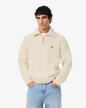 Pullover aus schwerer Wolle mit hohem Kragen und halbem Reißverschluss