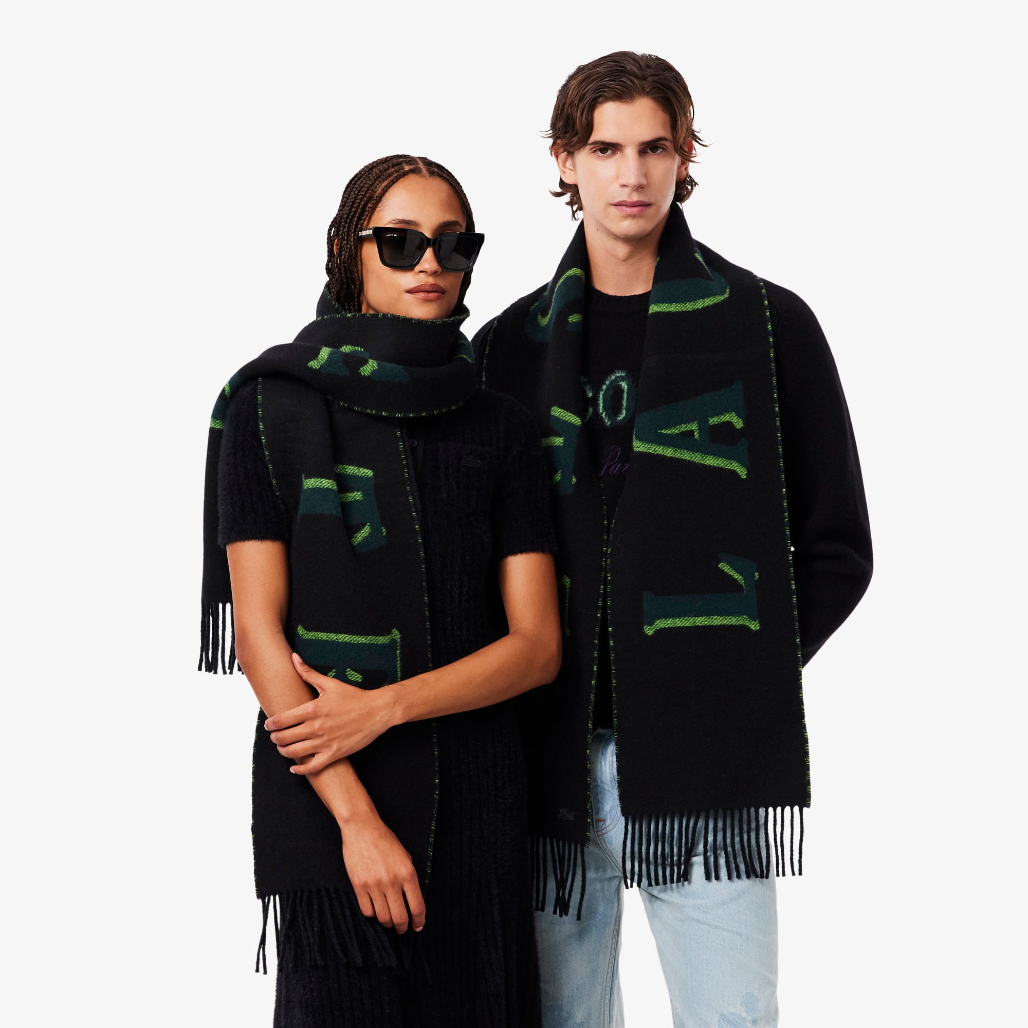 Thumbnail - Lacoste Schal aus Wolljacquard mit Branding - Schwarz / Grün Size One Size