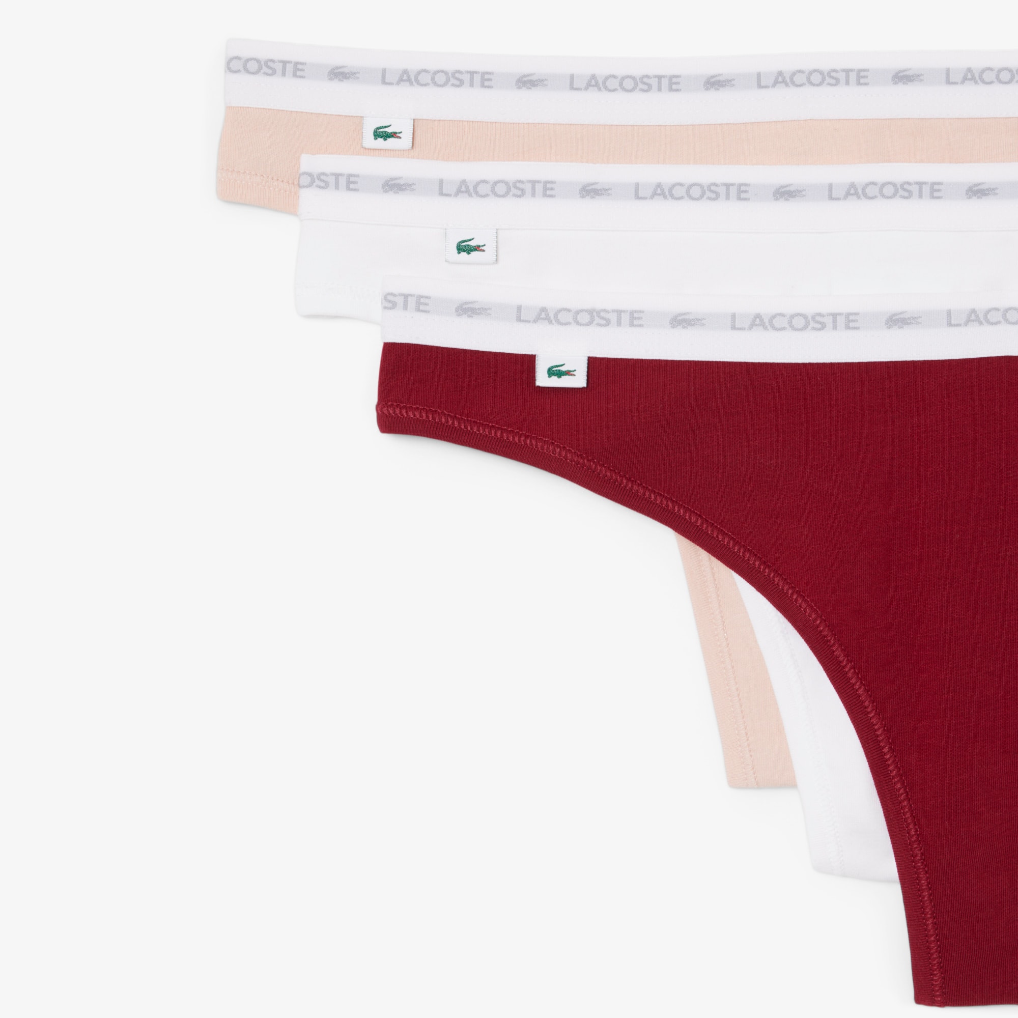 Thumbnail - Lacoste 3er-Pack Tangas aus Stretch-Baumwolle - Bordeaux / Blanc / Rose Size M