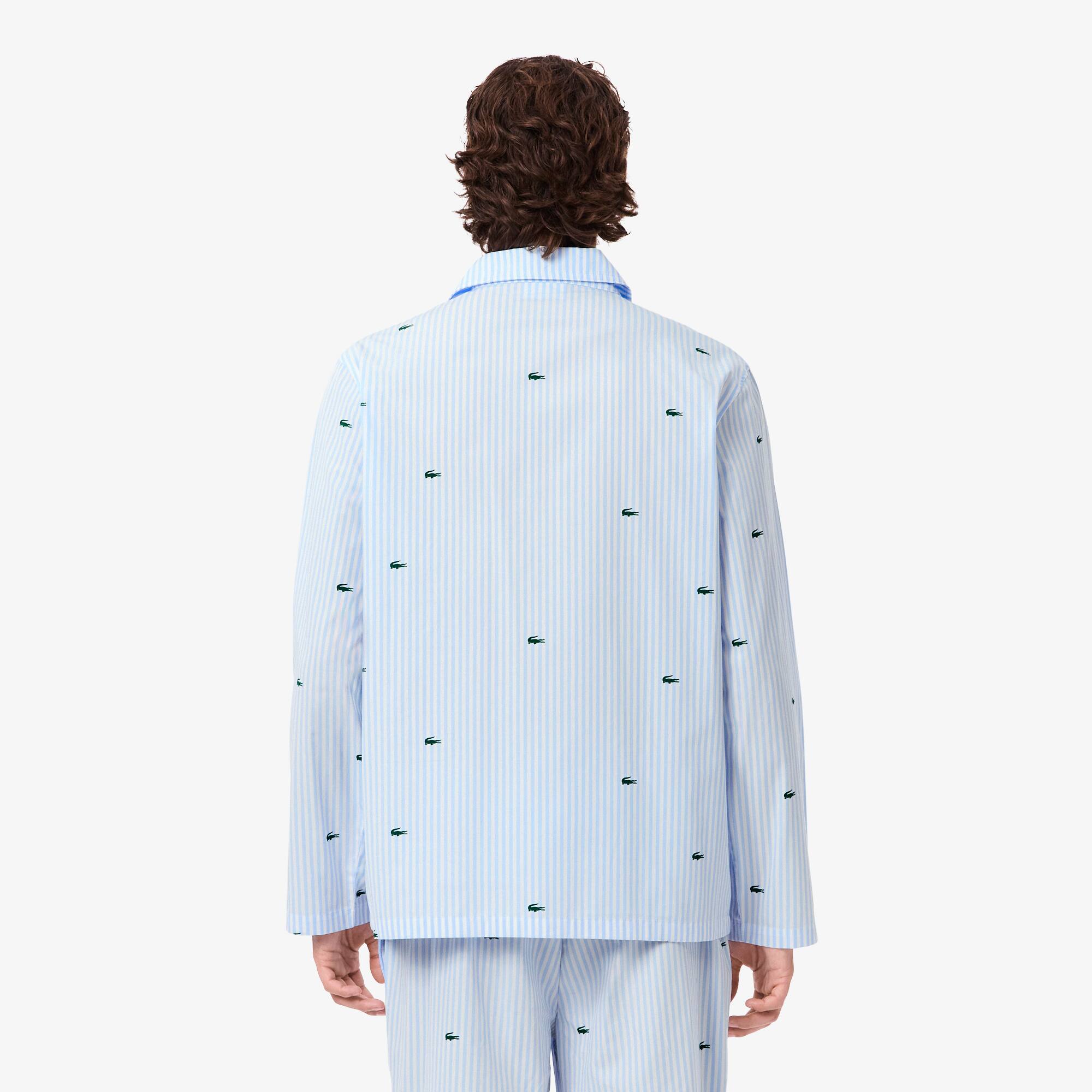 Thumbnail - Lacoste Gestreiftes Pyjamashirt aus Baumwollpopeline - Blau / Weiß / Grün Size XS