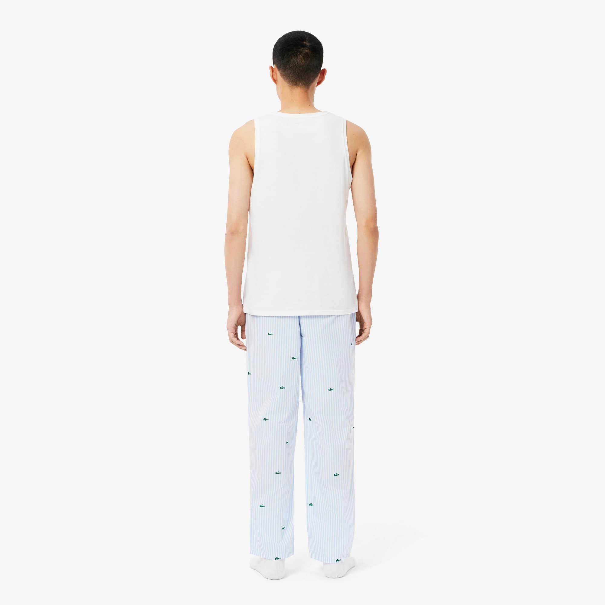 Thumbnail - Lacoste Gestreifte Pyjamahose aus Baumwolle mit Druck - Blau / Weiß / Grün Size S