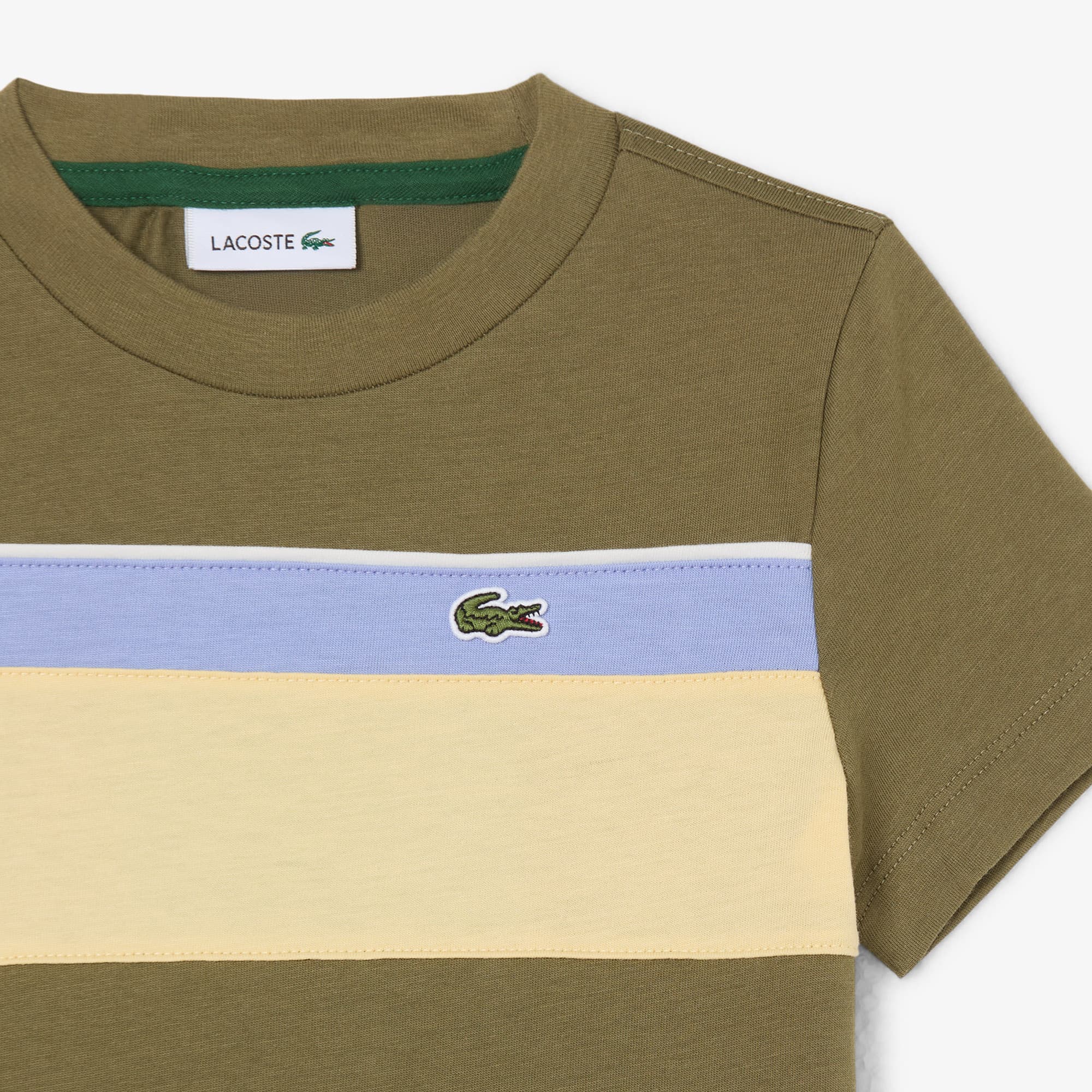 Thumbnail - Lacoste T-Shirt aus Baumwolle mit Colorblock-Design - Khaki Grün / Weiß / Lila / Gelb Size 7 - 7A