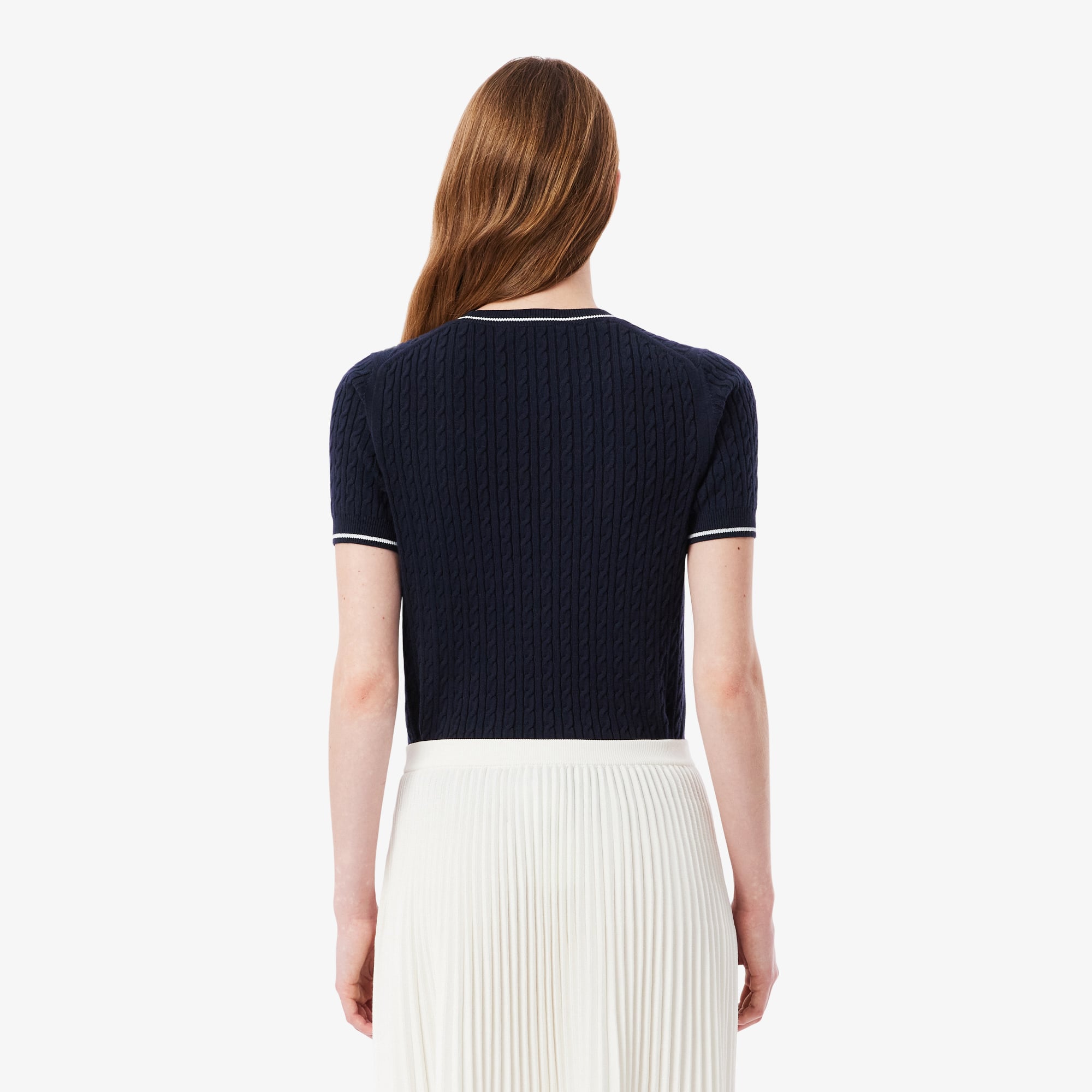 Thumbnail - Lacoste Strickpullover mit Zopfmuster und kurzen Ärmeln - Navy Blau Size 38