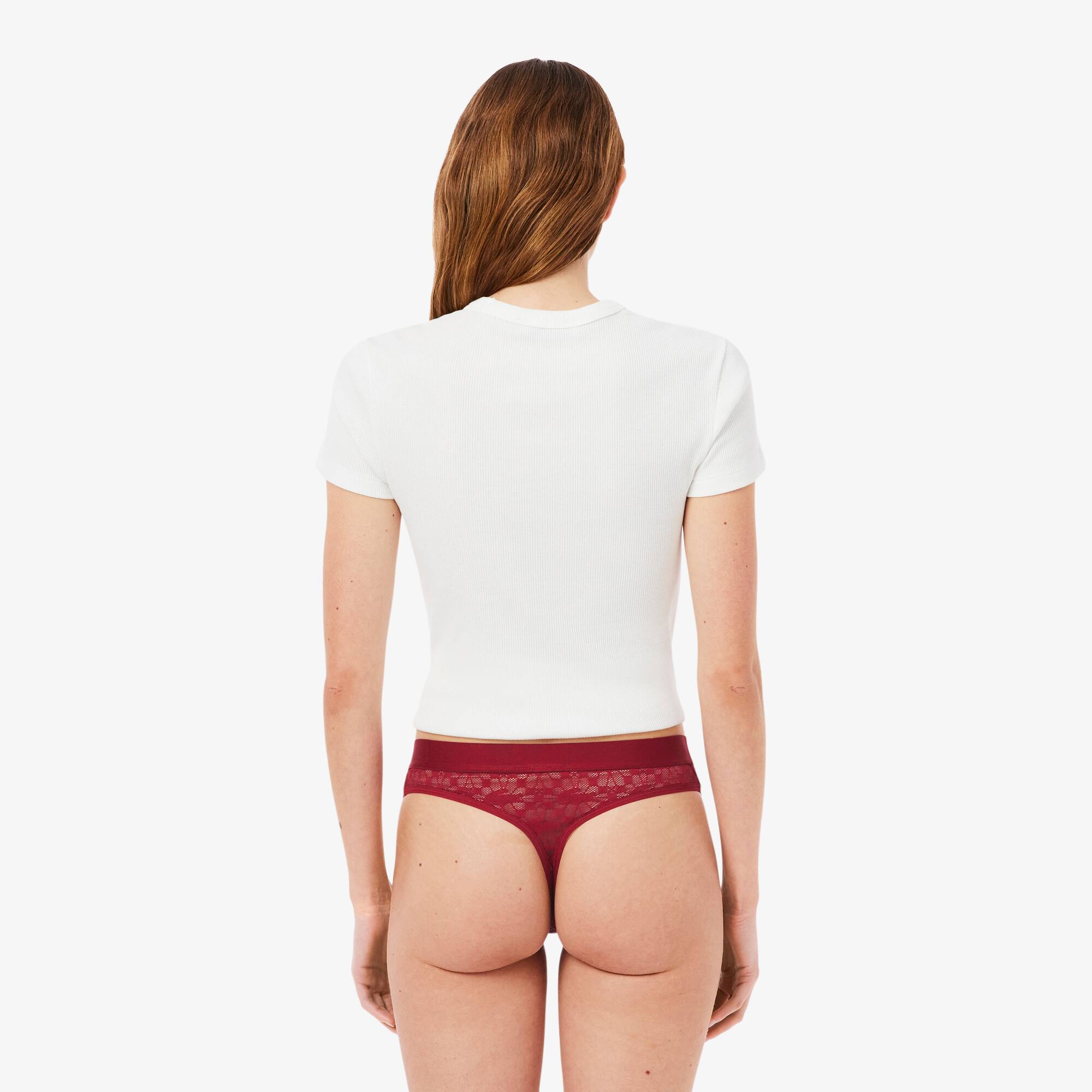 Thumbnail - Lacoste Tanga aus Spitze mit Logo-Bund - Burgunder Size L