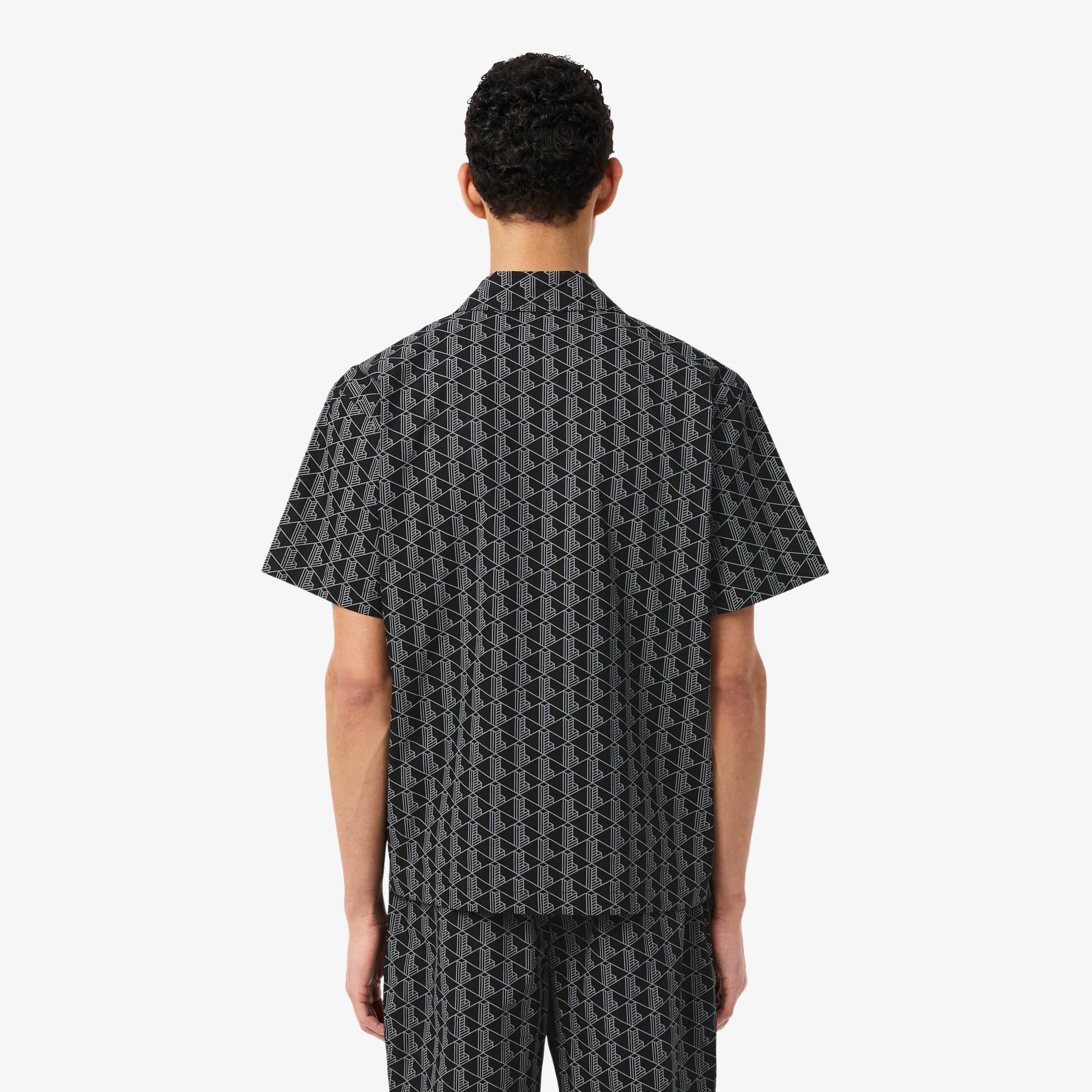 Thumbnail - Lacoste Pyjamahemd aus Popeline mit Monogramm-Print - Schwarz / Grau Size L
