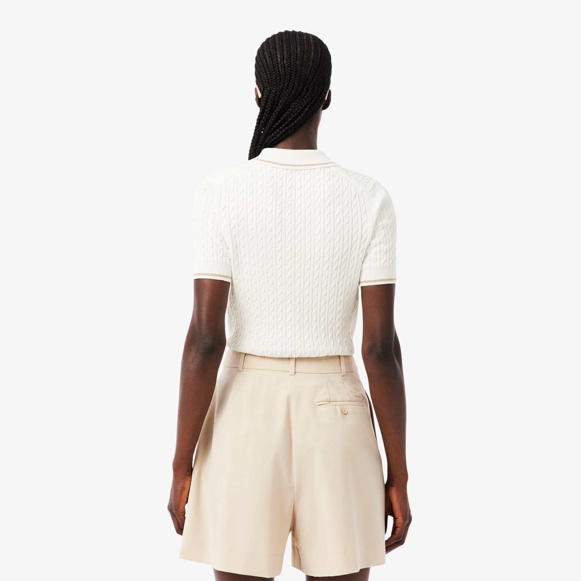 Thumbnail - Lacoste Gestreifter Pullover mit Zopfmuster und Polokragen - Weiß Size 38