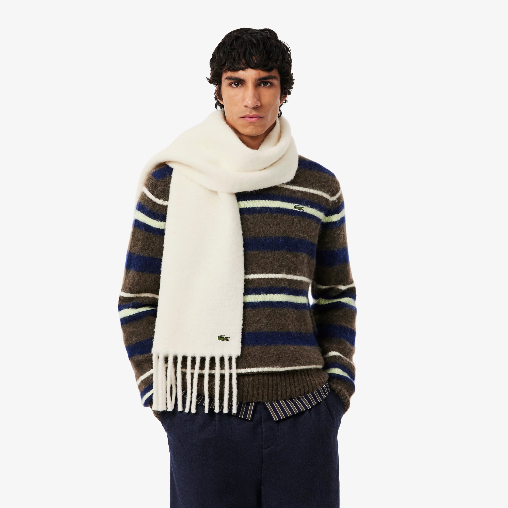 Thumbnail - Lacoste Schal aus Alpakawolle mit Fransen - Creme Size One Size